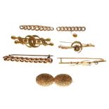 18ct gold brooch, 15ct gold brooch, four x 9ct gold brooches and an unmarked brooch (7)