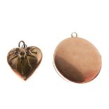 9ct gold and seed pearl heart pendant, together with a yellow metal circular pendant stamped 10ct,
