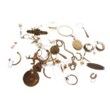 Various gold and yellow metal items to include; signet ring, locket, bar brooch, chain, earrings,