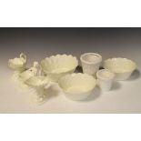 Eight items of Royal Worcester porcelain to include a pair of shell and dolphin salts, third similar