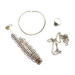 Assorted 9ct gold, yellow metal and unmarked jewellery to include; a hollow bangle, bracelet,