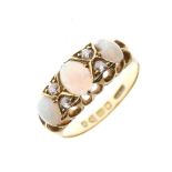 Late Victorian opal and diamond ring, set three oval cabochons and four small diamonds, Chester