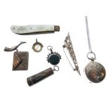 Various items to include; silver sovereign case, silver envelope design case, compass fob, swivel