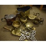 Brass coal bucket, copper watering can and various other brassware