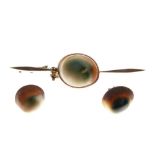 Yellow metal and shell bar brooch stamped 9ct, 68mm wide, together with a pair of similar ear studs