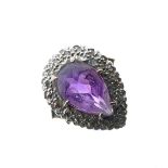Unmarked yellow metal, diamond and amethyst-coloured stone dress ring of tear drop design with large