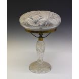 Early 20th Century cut glass 'mushroom' lamp, the removable shade on brass ring support, baluster