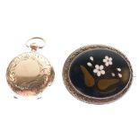 Victorian pietra dura oval brooch with foliate decoration and a Dennison gold plated sovereign