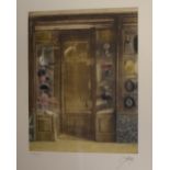 Indistinctly signed limited edition print of a hat shop, No.154/175, and a monochrome etching -