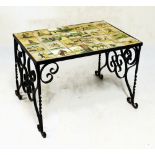 Wrought metal rectangular table, the top decorated with twenty-four Spanish pottery tiles