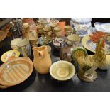 Collection of studio pottery, bowls, cockerel ornament, flagons, etc