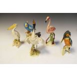 Five assorted Goebel bird figurines to include; a Pelican, Kingfisher, Budgerigar and Flamingo, 25cm