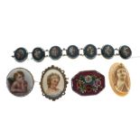 Assorted dress jewellery to include; micromosaic bracelet of seven floral panels, mosaic brooch, and