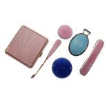 Group of Art Deco silver and enamel dressing table items comprising: pink enamel cigarette case,