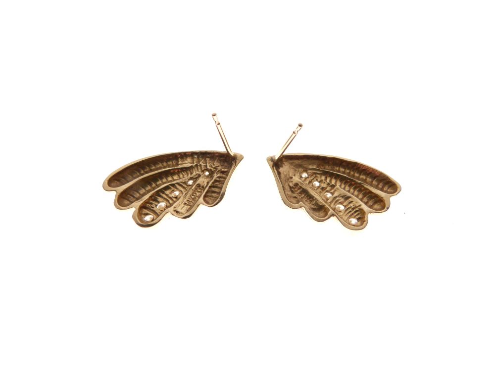 Pair of yellow metal ear studs, each of wing or fan design set with five graduated diamonds, stamped - Image 2 of 2