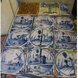 Group of 18th Century and later tiles to include; a group of Delftware-style examples with