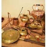 Copper spirit kettle on stand, other copper and brass decorative items, warming pan etc
