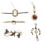 Various items to include; red stone and seed pearl set pendant with chain, two bar brooches, a