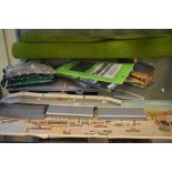 Quantity of OO Gauge Railway Train Set accessories to include tracks, cardboard city backdrop,