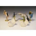 Group of six porcelain bird figurines to include Goebel, the largest a Heron with wings