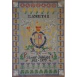 Needlepoint panel commemorating Queen Elizabeth II Silver Jubilee, 60cm x 85cm, framed and glazed