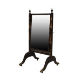 Regency black-lacquered chinoiserie cheval mirror, the plain rectangular plate within moulded