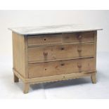 Marble-topped stripped pine washstand or chest of two short over two long drawers on swept bracket