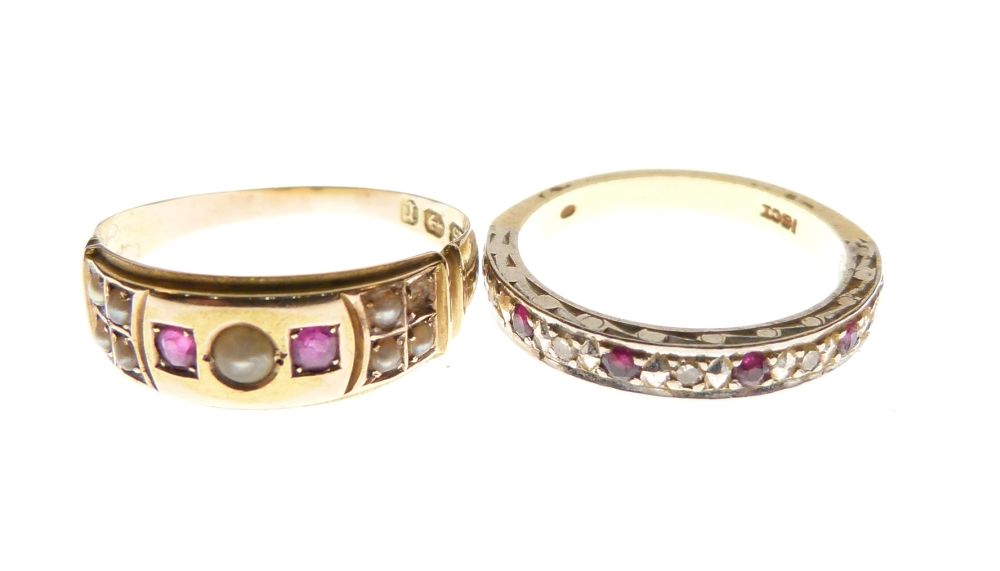 Late Victorian 15ct gold, ruby and seed pearl dress ring, Birmingham 1891, size P, together with a