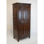 Antique oak hall cupboard having linen fold carved panel door, 80cm wide x 50cm deep x 179cm high