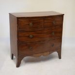 19th Century mahogany bowfront chest of two short over two long drawers having brass ring handles on