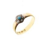 Victorian 22ct gold ring set turquoise and split seed pearl flowerhead, London 1885, size M, 2.2g