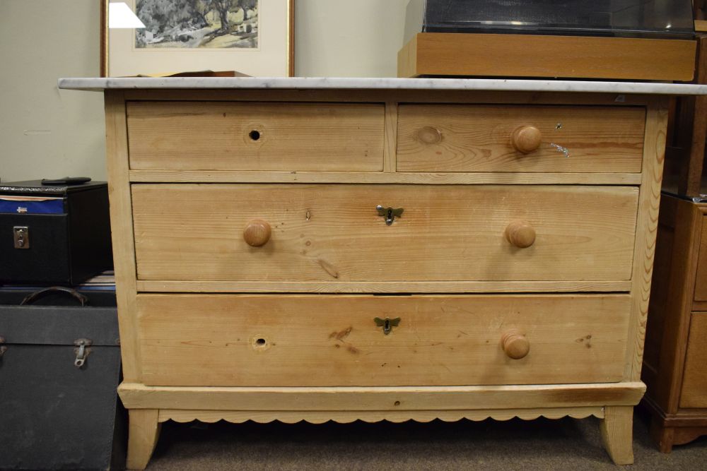 Marble-topped stripped pine washstand or chest of two short over two long drawers on swept bracket - Image 2 of 6