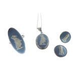 Group of Wedgwood blue jasper jewellery comprising: oval cameo ring, pendant and pair of ear studs