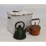 Two enamel and one copper kettle and an enamel bread bin