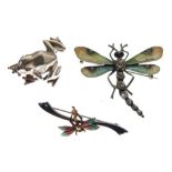 Silver frog design brooch and two enamel decorated brooches in the form of dragonflies (3)