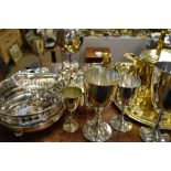 Quantity of silver plated items including; pair of stag head stirrup cups, presentation goblets,