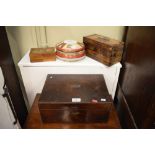 19th Century rosewood box with hinged cover, a Tunbridge Ware tea caddy and one other box,