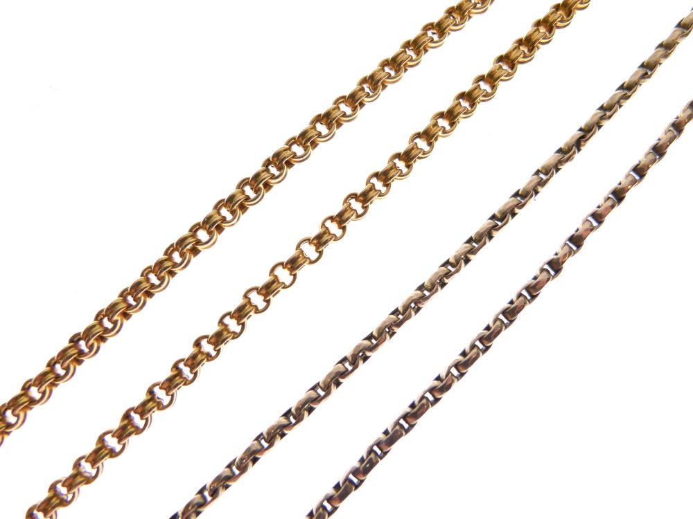 9ct gold neck chain, 7.5g approx, 49cm long, together with a yellow metal chain stamped '15ct', 43cm