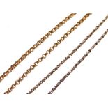 9ct gold neck chain, 7.5g approx, 49cm long, together with a yellow metal chain stamped '15ct', 43cm