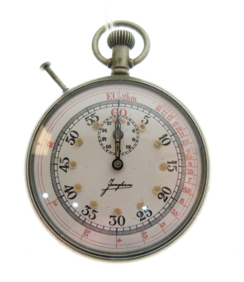 Junghans base metal stopwatch, the white Arabic dial with black and red lettering and subsidiary