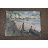 A.E.Milne (early 20th Century) - Oil on board - Coastal scene with figures on the rocks, signed