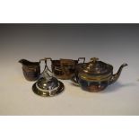 Silver plated three piece tea set and a silver plated butter dish and knife having duck finial