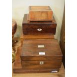 Three 19th Century wooden boxes, an Art Deco period cigarette box with marquetry decoration, and a