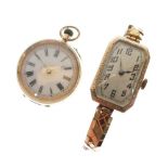 Continental lady's yellow metal open face fob watch, white Roman dial, top-wound movement,
