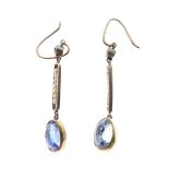 Pair of unmarked yellow metal, diamond, sapphire and seed pearl earrings of drop design, the