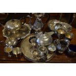 Selection of silver plated and pewter wares to include; tea sets, gallery tray, cake basket, etc