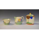 Clarice Cliff - Spring Crocus milk jug and small bowl, together with Clarice Cliff-style preserve