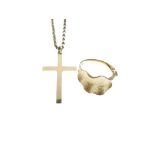 9ct gold dress ring of foliate design, size O, 4.2g approx, together with a 9ct gold cross pendant