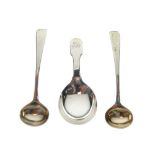 George III silver caddy spoon, London 1817, together with a near pair of salt spoons, one London
