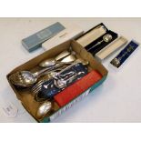Assorted silver spoons to include; Georgian and Victorian examples, sugar tongs, various offices